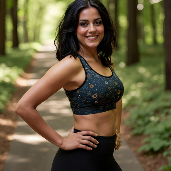 Woman in athletic wear standing on a path in a forest