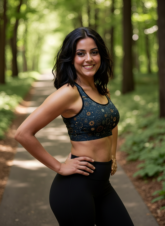 Woman in athletic wear standing on a path in a forest