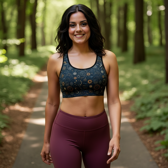Woman in athletic wear standing on a path in a forest