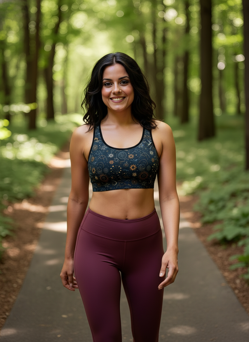 Woman in athletic wear standing on a path in a forest