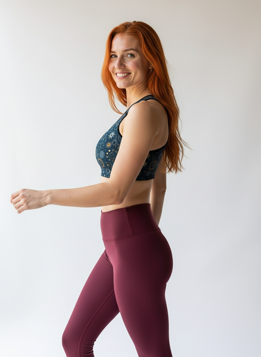 Woman wearing a sports bra and leggings on a plain background