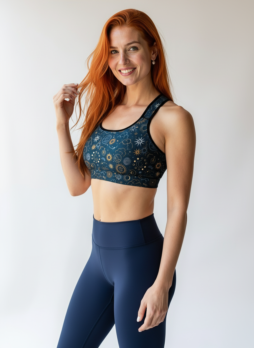 Woman wearing a patterned sports bra and navy leggings against a white background