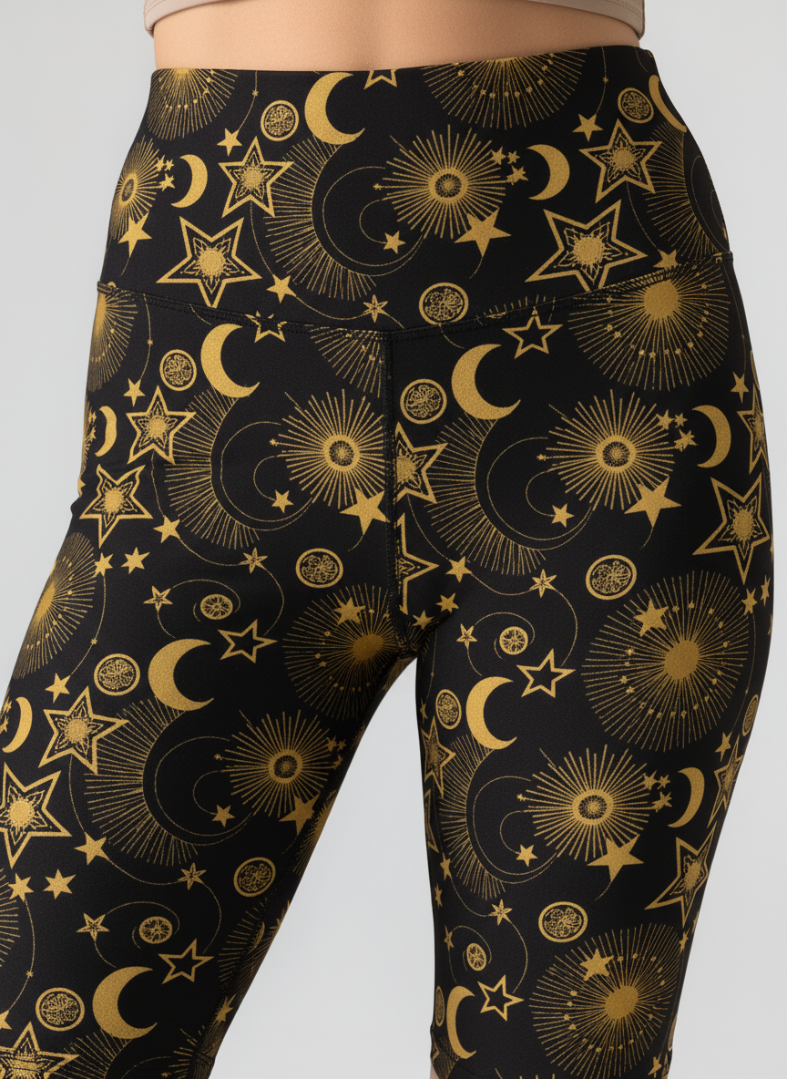 Black leggings with gold celestial pattern on a gray background