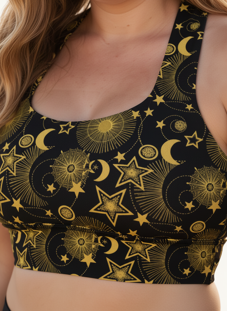 Black sports bra with gold celestial pattern worn by a person