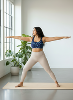 Woman practicing yoga in a bright room with plants
