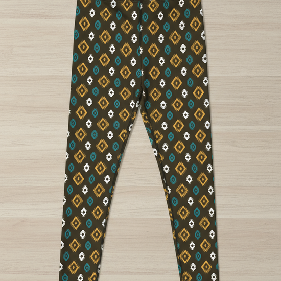 Patterned leggings on a light timber background