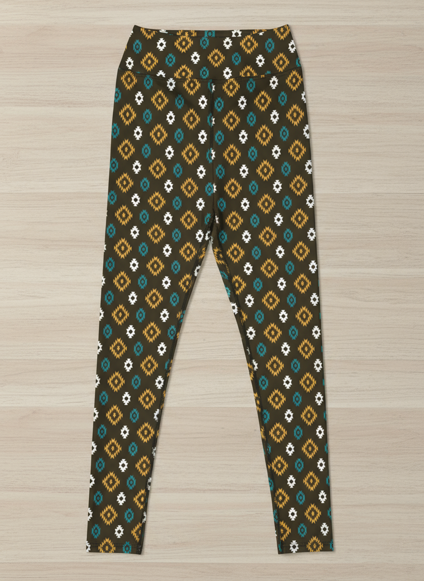 Patterned leggings on a light timber background