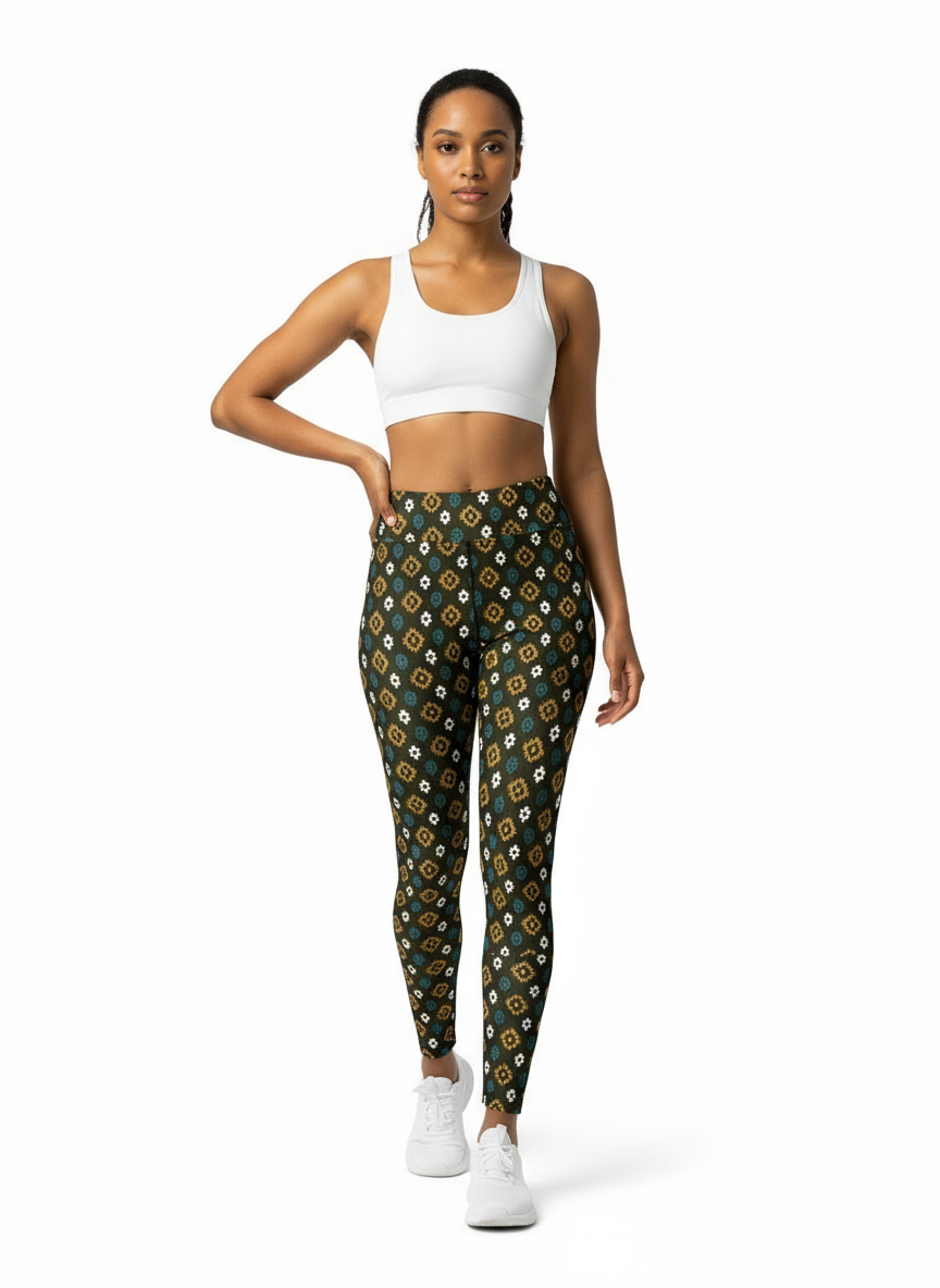 Woman wearing patterned leggings and a white sports bra on a white background