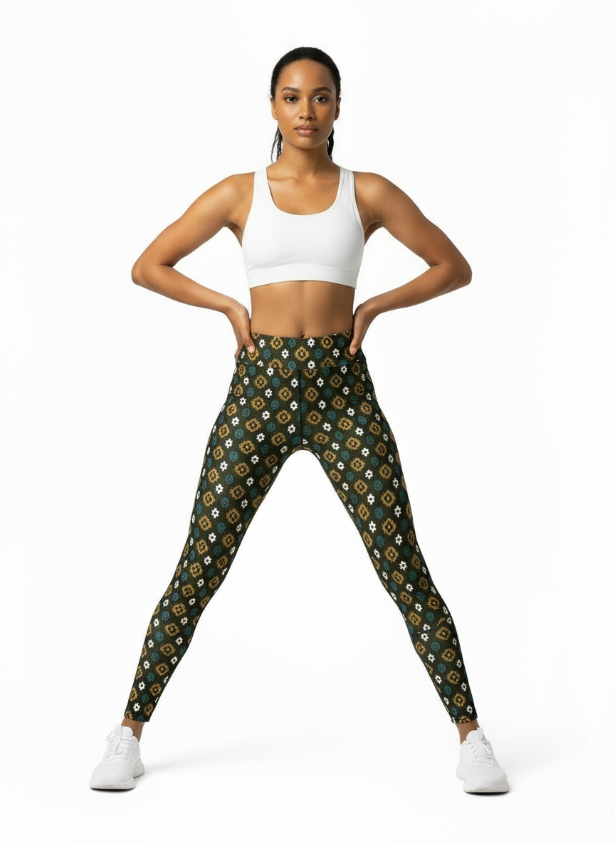 Woman wearing a white sports bra and patterned leggings on a white background