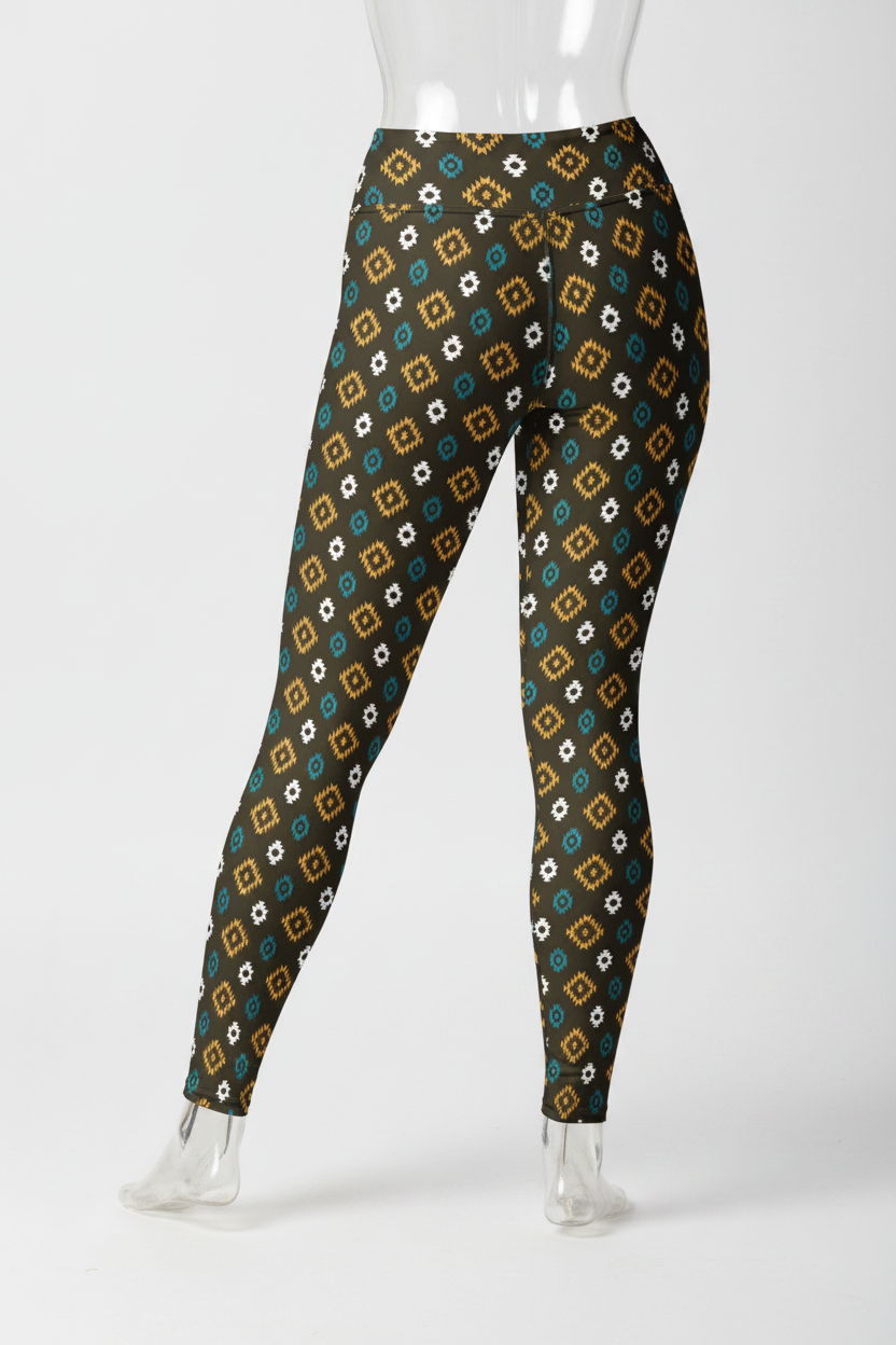 A mannequin modeling high-waisted leggings with a repeating geometric diamond pattern in brown, teal, white, and black, shown from the waist down against a plain white background.