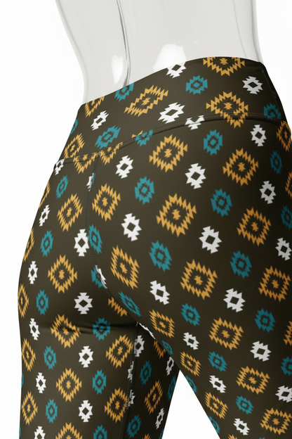 Close-up of a mannequin wearing high-waisted leggings with a dark olive-brown base and an allover geometric pattern in teal, mustard yellow, and white.