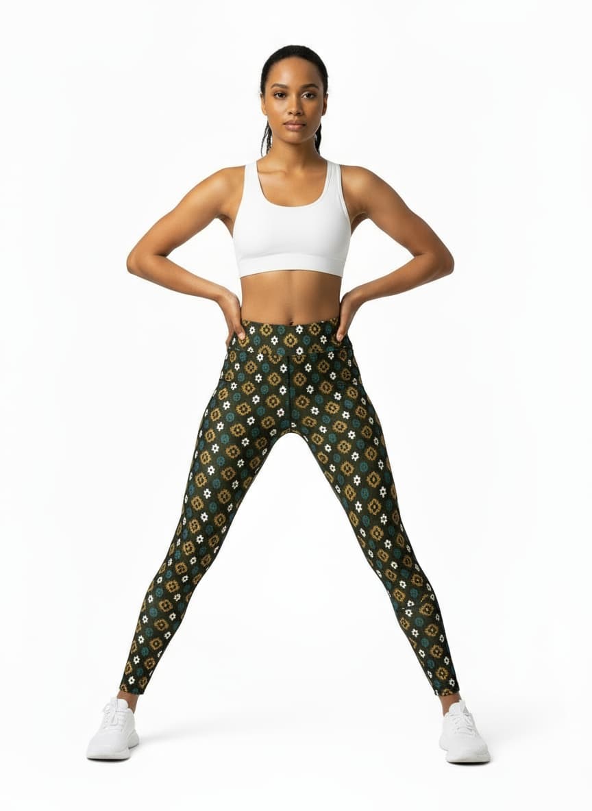 Woman wearing a white sports bra and patterned leggings on a white background