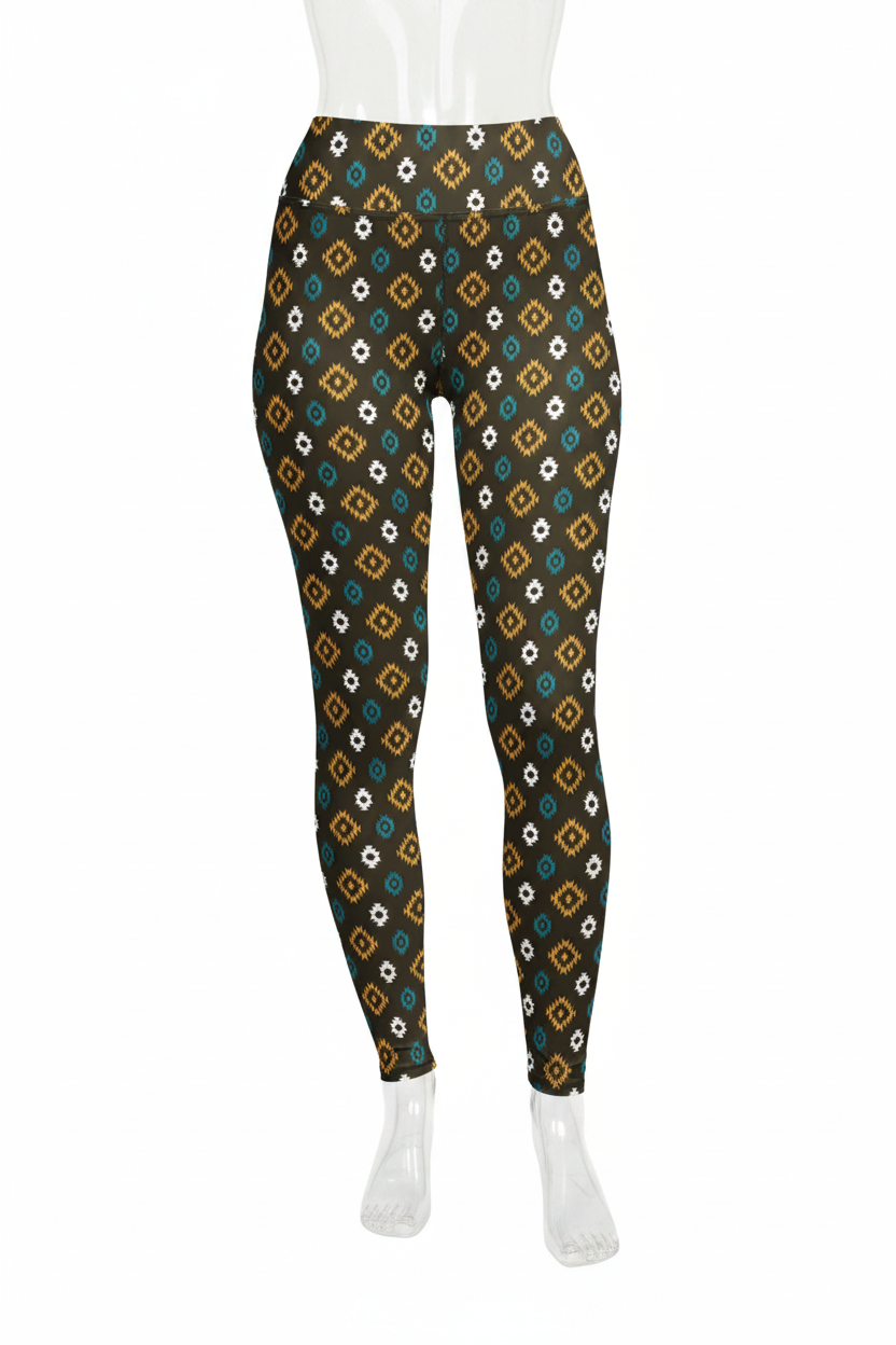 A mannequin modeling high-waisted leggings with a repeating geometric diamond pattern in teal, mustard, white, and black on a plain white background.