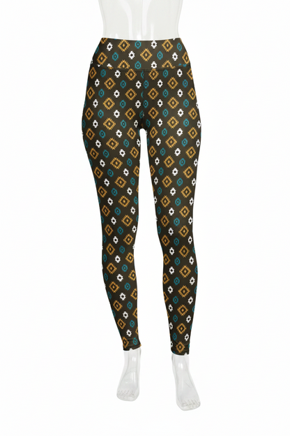A mannequin modeling high-waisted leggings with a repeating geometric diamond pattern in teal, mustard, white, and black on a plain white background.