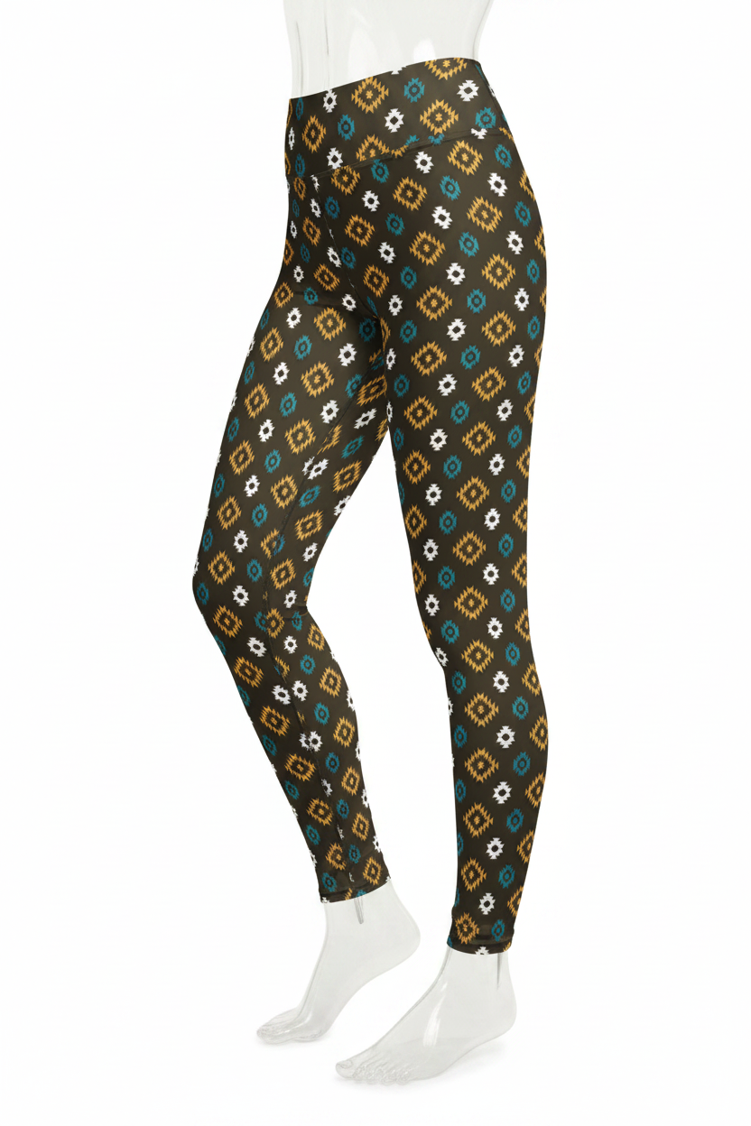 A mannequin modeling high-waisted leggings with a repeating geometric pattern in teal, mustard yellow, white, and black on a plain white background.