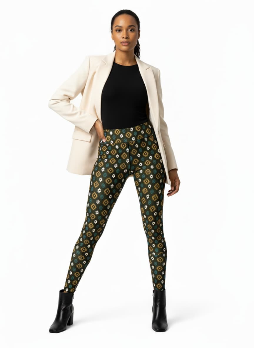 Woman wearing patterned pants with a white background