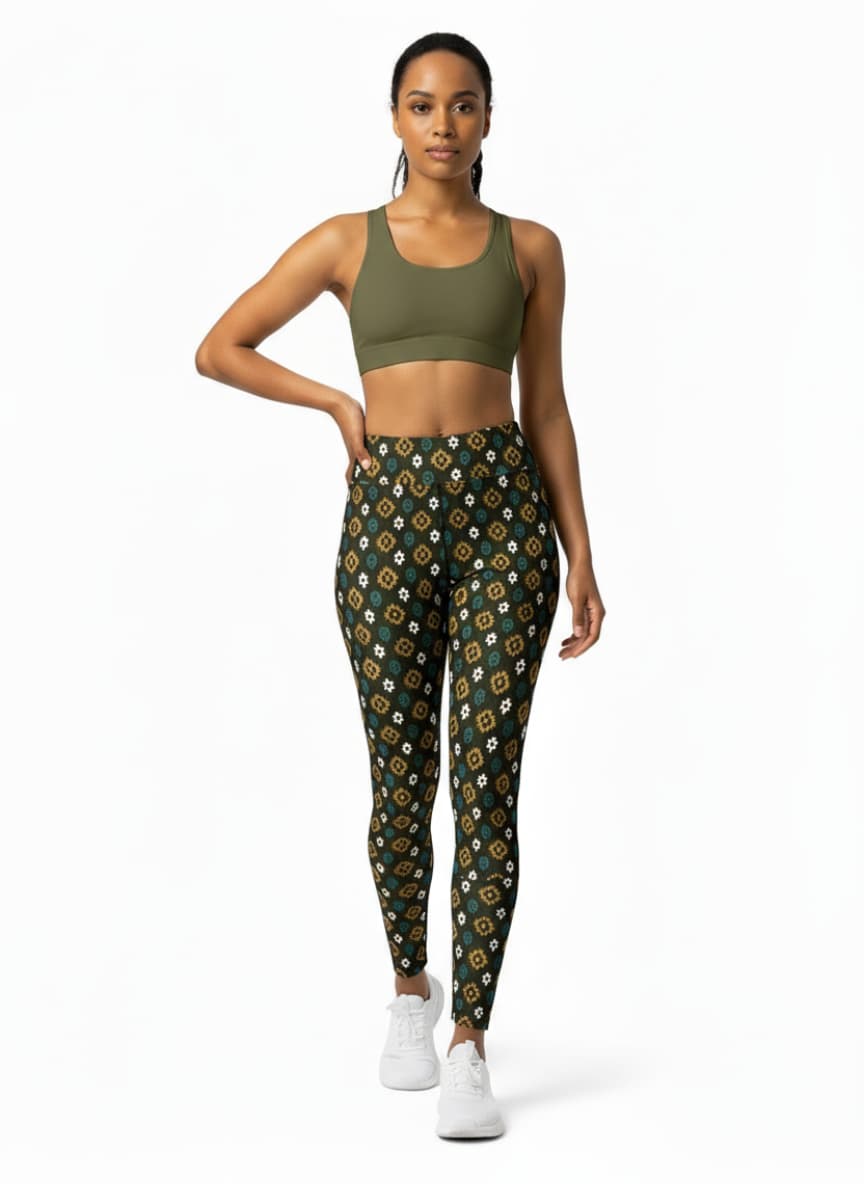 Woman wearing a green sports bra and patterned leggings on a white background
