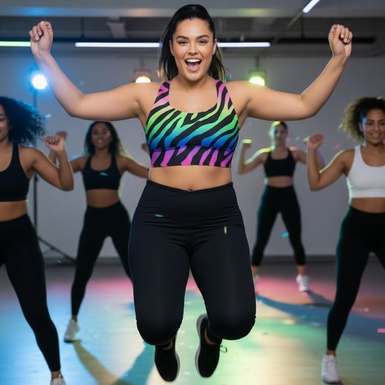 Group of women in a fitness class with one woman in the foreground jumping