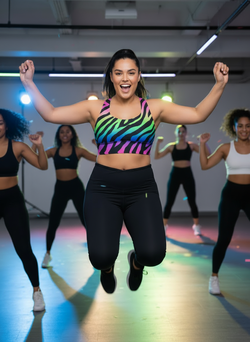Group of women in a fitness class with one woman in the foreground jumping