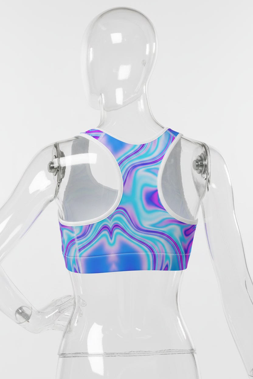 A racerback sports bra with a vibrant, multicolored psychedelic swirl pattern in shades of blue, purple, and pink, featuring solid white shoulder panels.