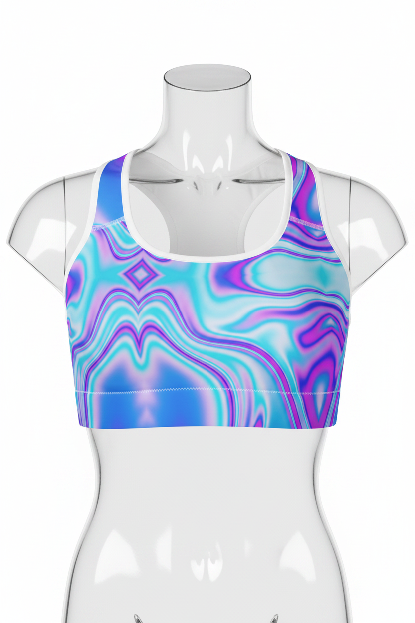 A racerback sports bra featuring a vibrant, symmetrical psychedelic swirl pattern in shades of blue, purple, and white, set against a plain white background.