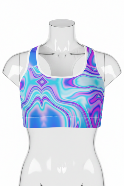 A racerback sports bra featuring a vibrant, symmetrical psychedelic swirl pattern in shades of blue, purple, and white, set against a plain white background.