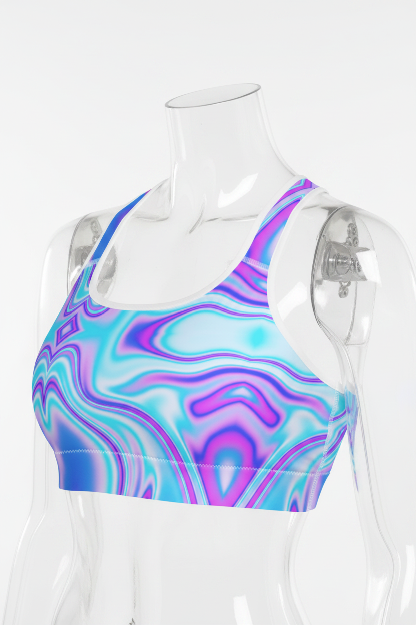 A mannequin wearing a sports bra with a vibrant, swirling psychedelic pattern in shades of blue, purple, and pink, set against a plain white background.