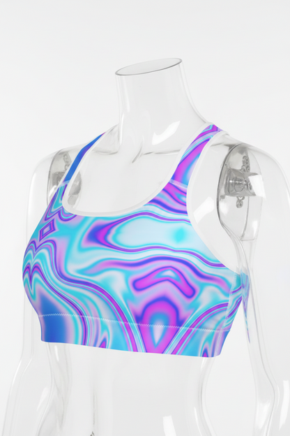 A mannequin wearing a sports bra with a vibrant, swirling psychedelic pattern in shades of blue, purple, and pink, set against a plain white background.