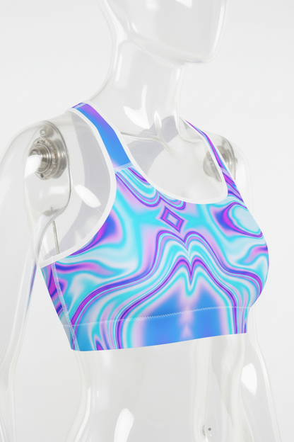 A mannequin wearing a sports bra with a vibrant blue, purple, and light blue abstract swirl pattern, shown against a plain white background.