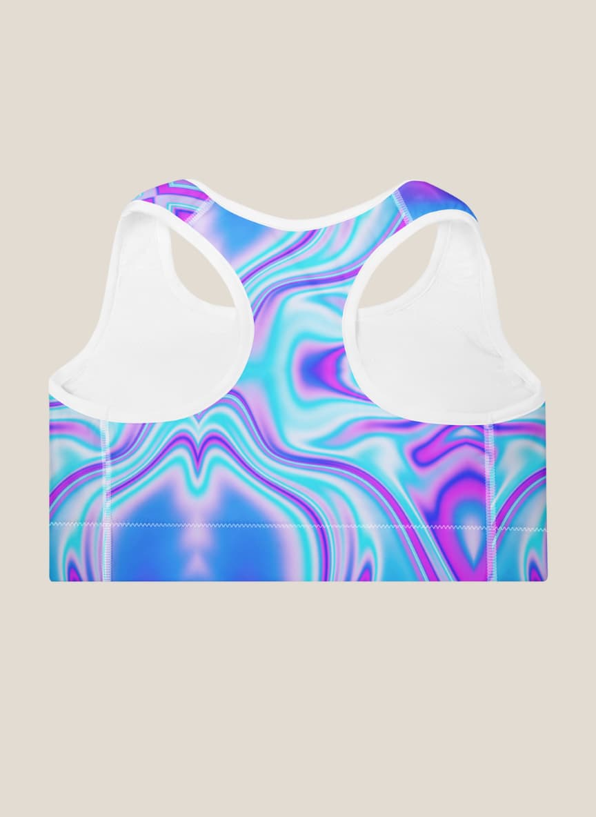 Multicolored abstract patterned sports bra on a beige background