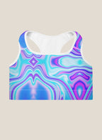 Colorful abstract patterned sports bra on a beige background