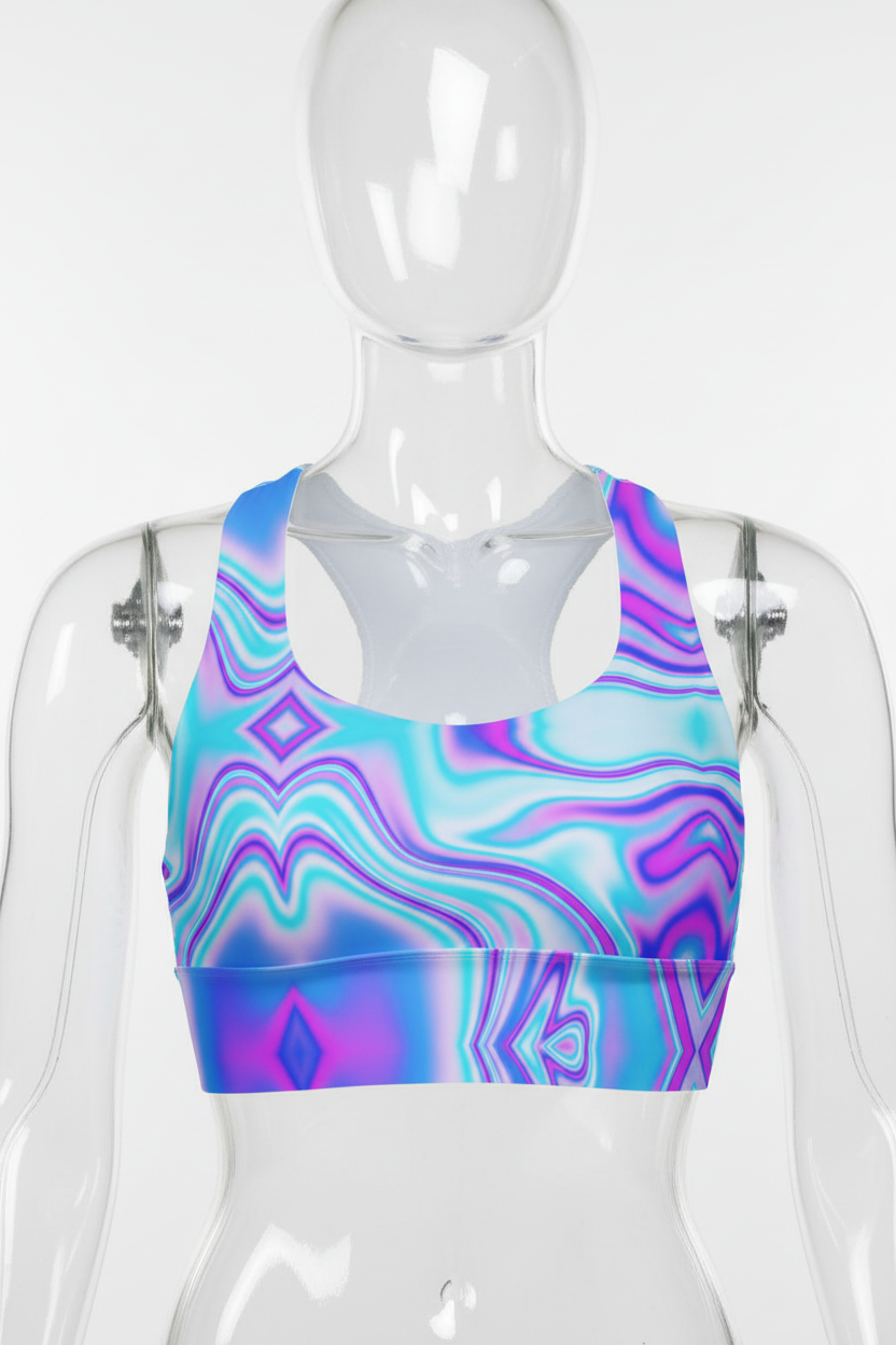 A mannequin wearing a sports bra with a vibrant, multicolored psychedelic swirl pattern in shades of blue, purple, and pink, set against a plain white background.