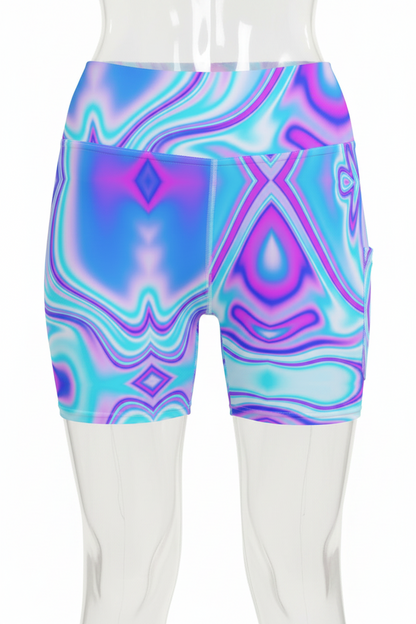 A mannequin wearing high-waisted athletic shorts with a vivid psychedelic swirl pattern in blue, purple, pink, and white, shown from the waist to mid-thigh against a plain white background.
