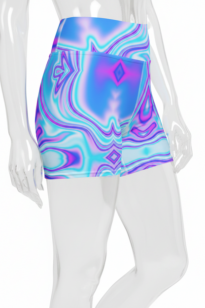 A mannequin wearing high-waisted athletic shorts with a vibrant, abstract psychedelic swirl pattern in shades of blue, purple, and white, shown against a plain white background.