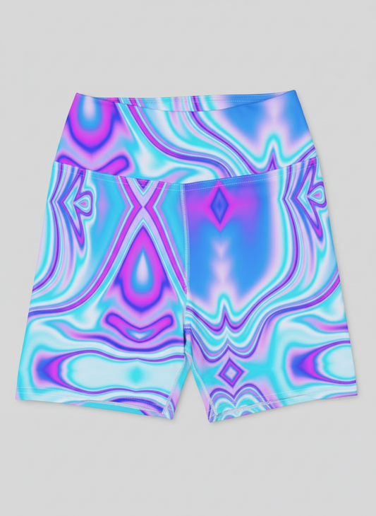 Flat lay view of Dreamwave Yoga Shorts in swirls of blue, pink, by Pixie and Sherbet
