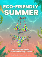 Colorful bikini set with 'Eco-Friendly Summer' text and ocean-themed background
