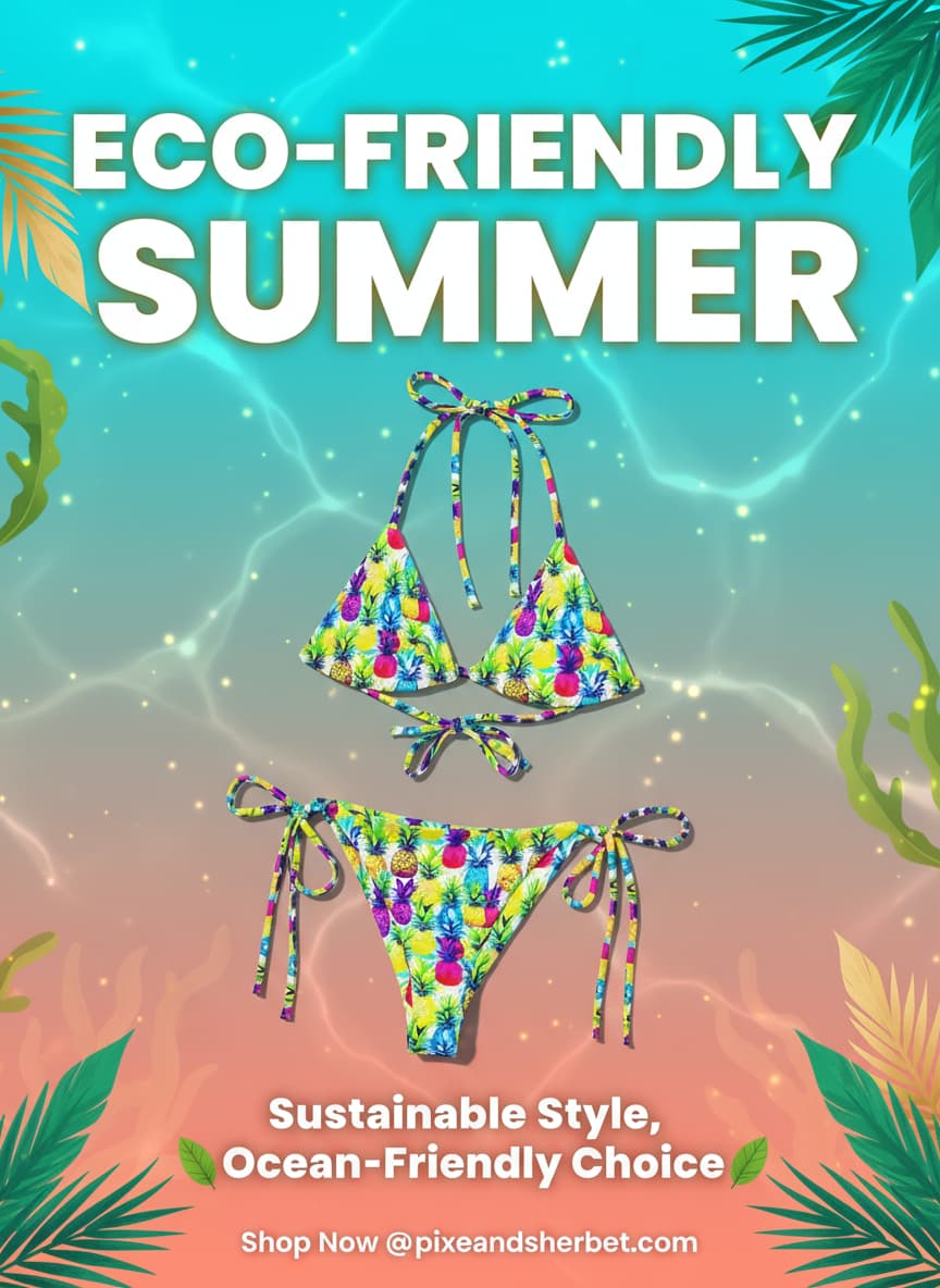 Colorful bikini set with 'Eco-Friendly Summer' text and ocean-themed background