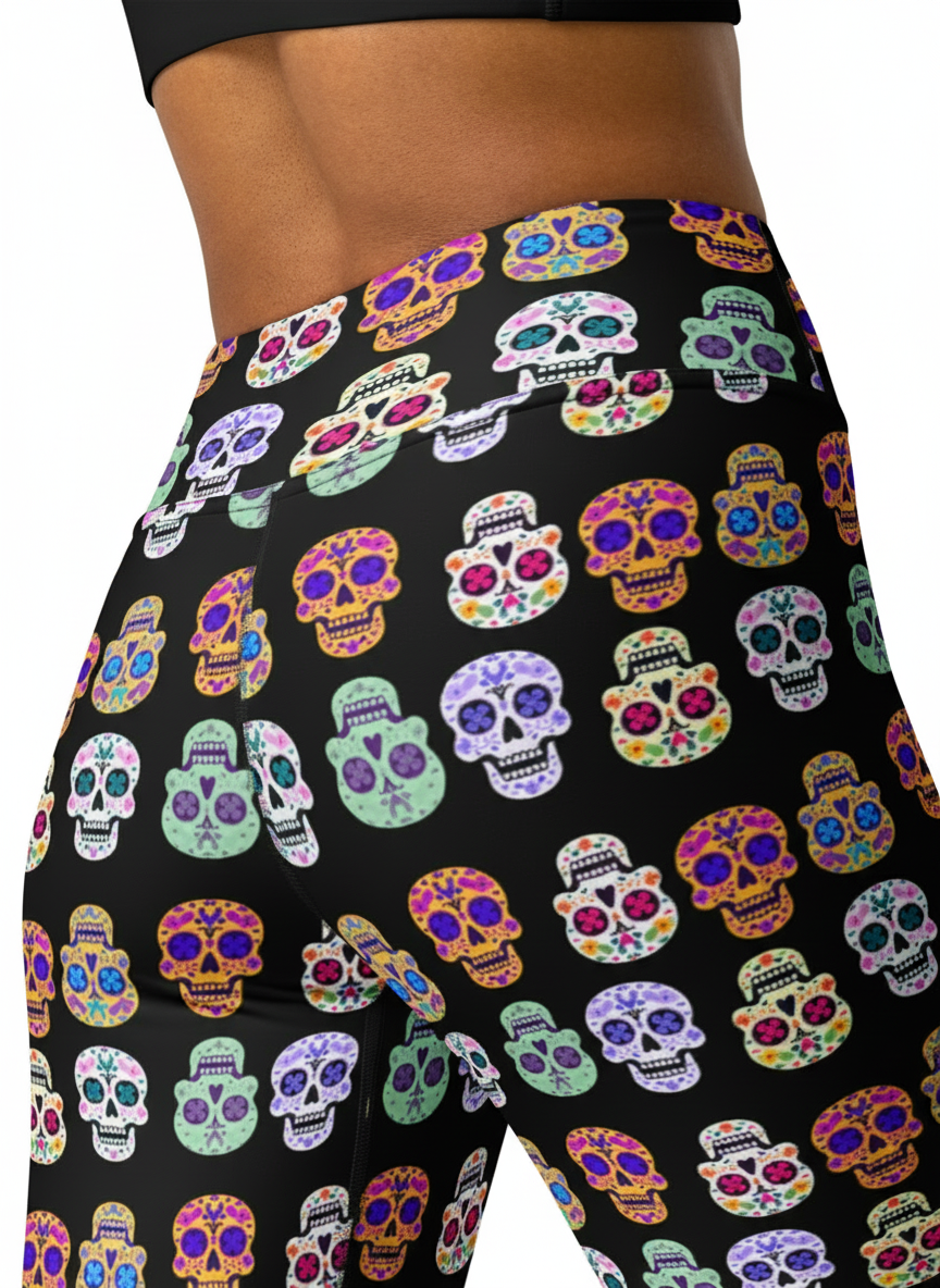 Colorful sugar skull pattern on black leggings worn by a person.