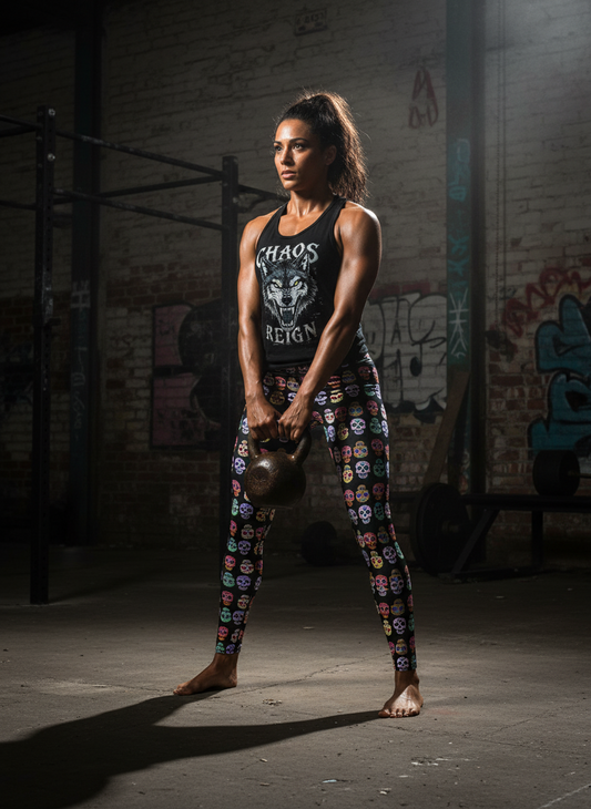 Woman lifting a kettlebell in a gym setting with graffiti on the wall.
