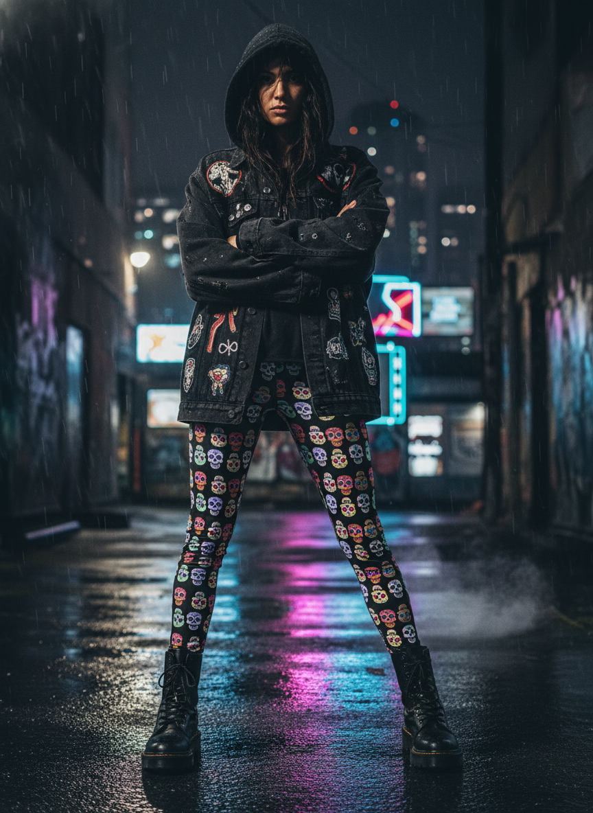 Person wearing a dark outfit with colorful patterns in an urban, neon-lit alleyway.