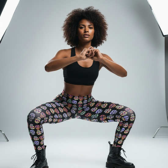 Woman in black sports bra and colorful leggings posing in a studio setting with lighting equipment.