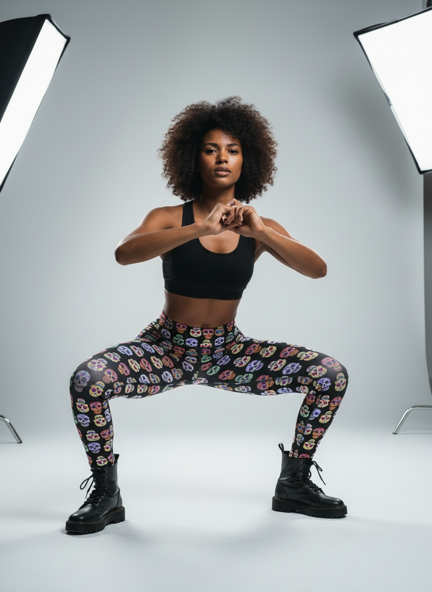 Woman in black sports bra and colorful leggings posing in a studio setting with lighting equipment.