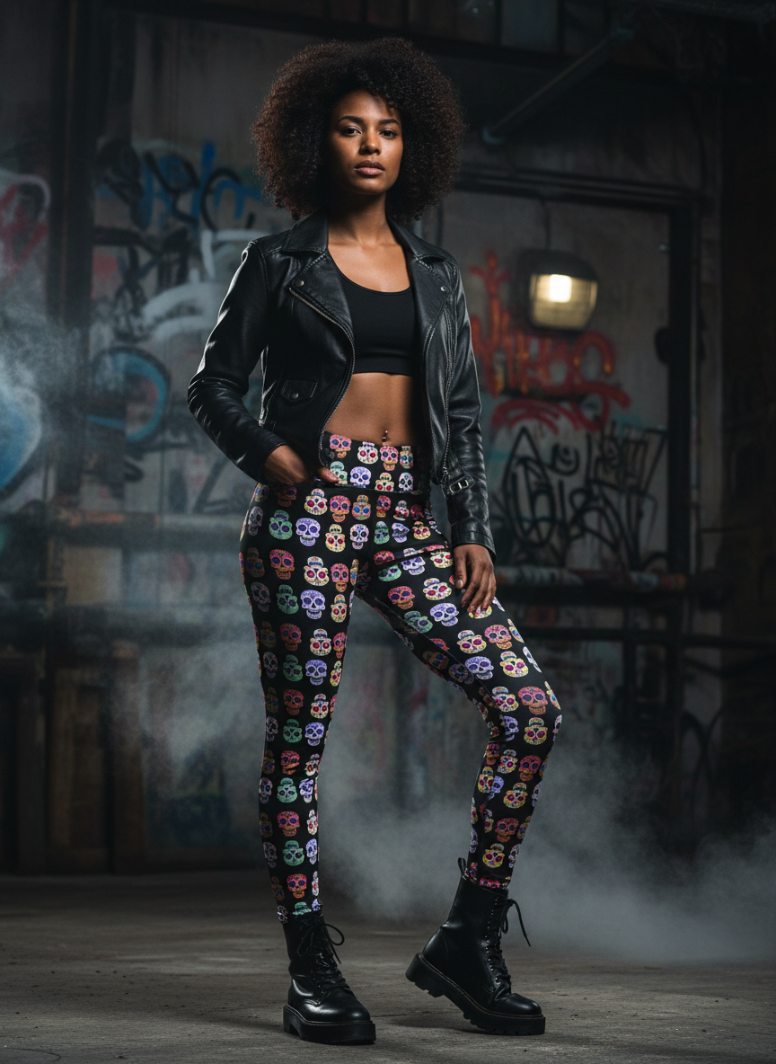 Woman wearing a black leather jacket and colorful patterned leggings standing in a graffiti-covered room.