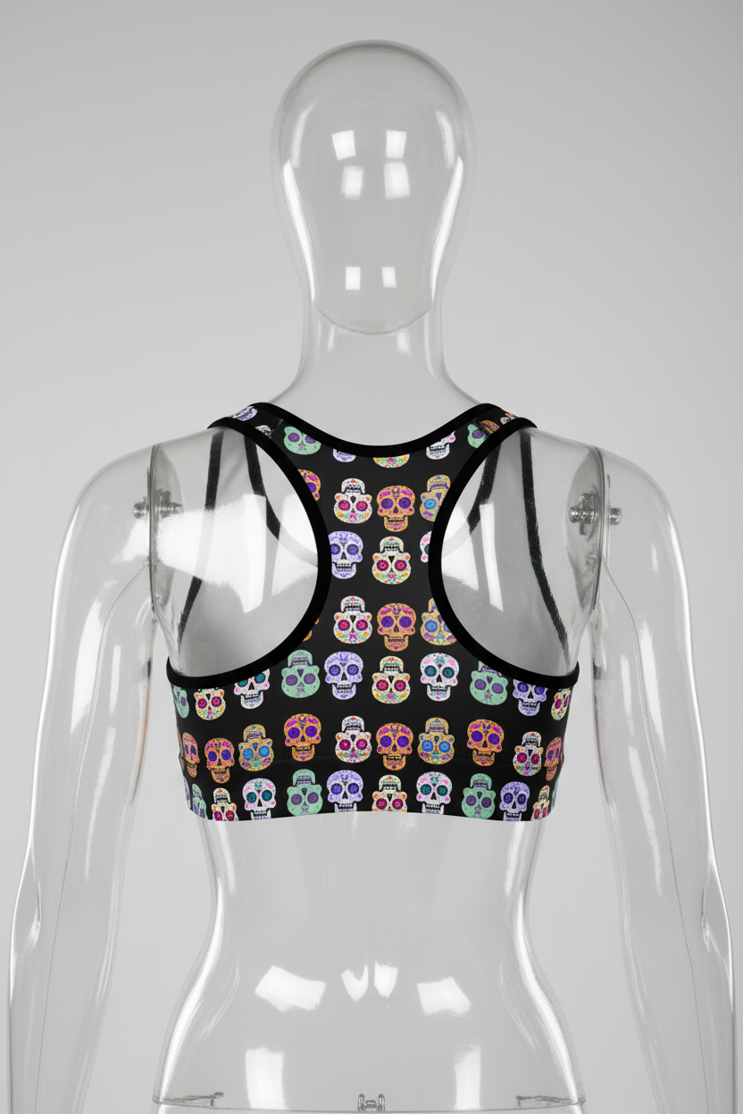 A women's racerback sports bra featuring a black base with a colorful sugar skull pattern, set against a plain white background.