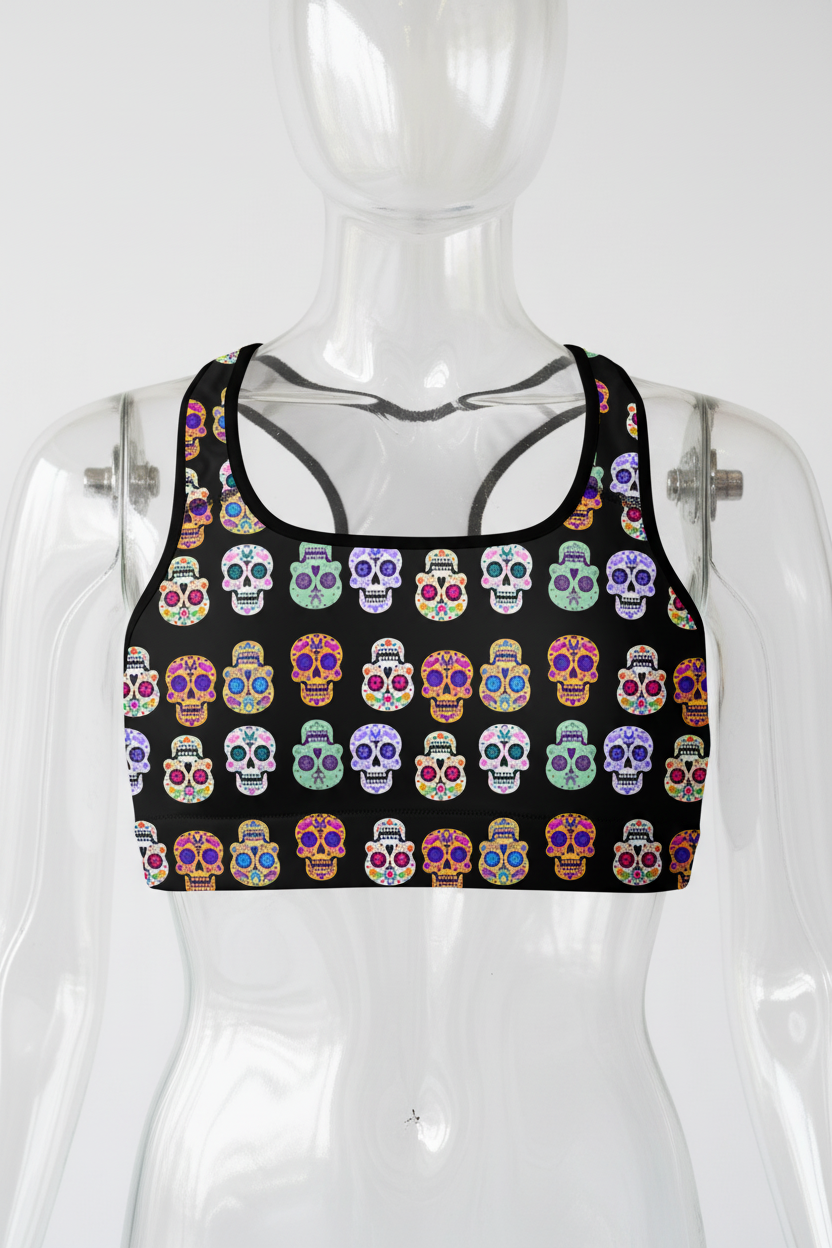 A racerback sports bra with a black background and an all-over colorful sugar skull pattern, shown against a plain white background.