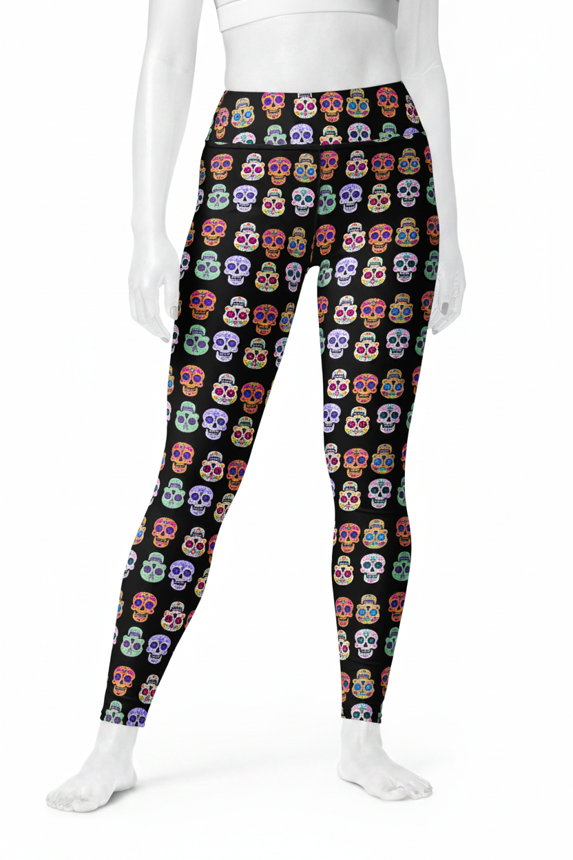 clear mannequin wearing sugar skull yoga leggings. 
