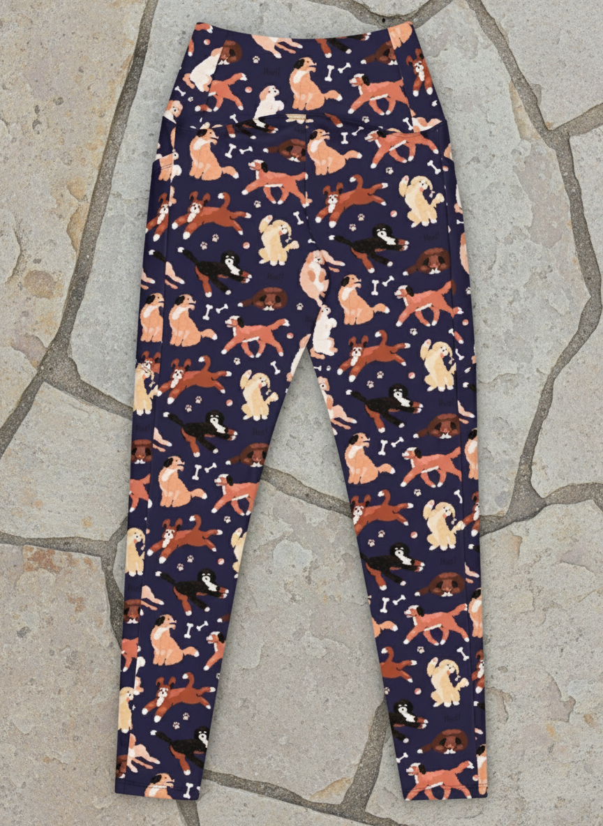 Navy leggings with a pattern of dogs on a white background