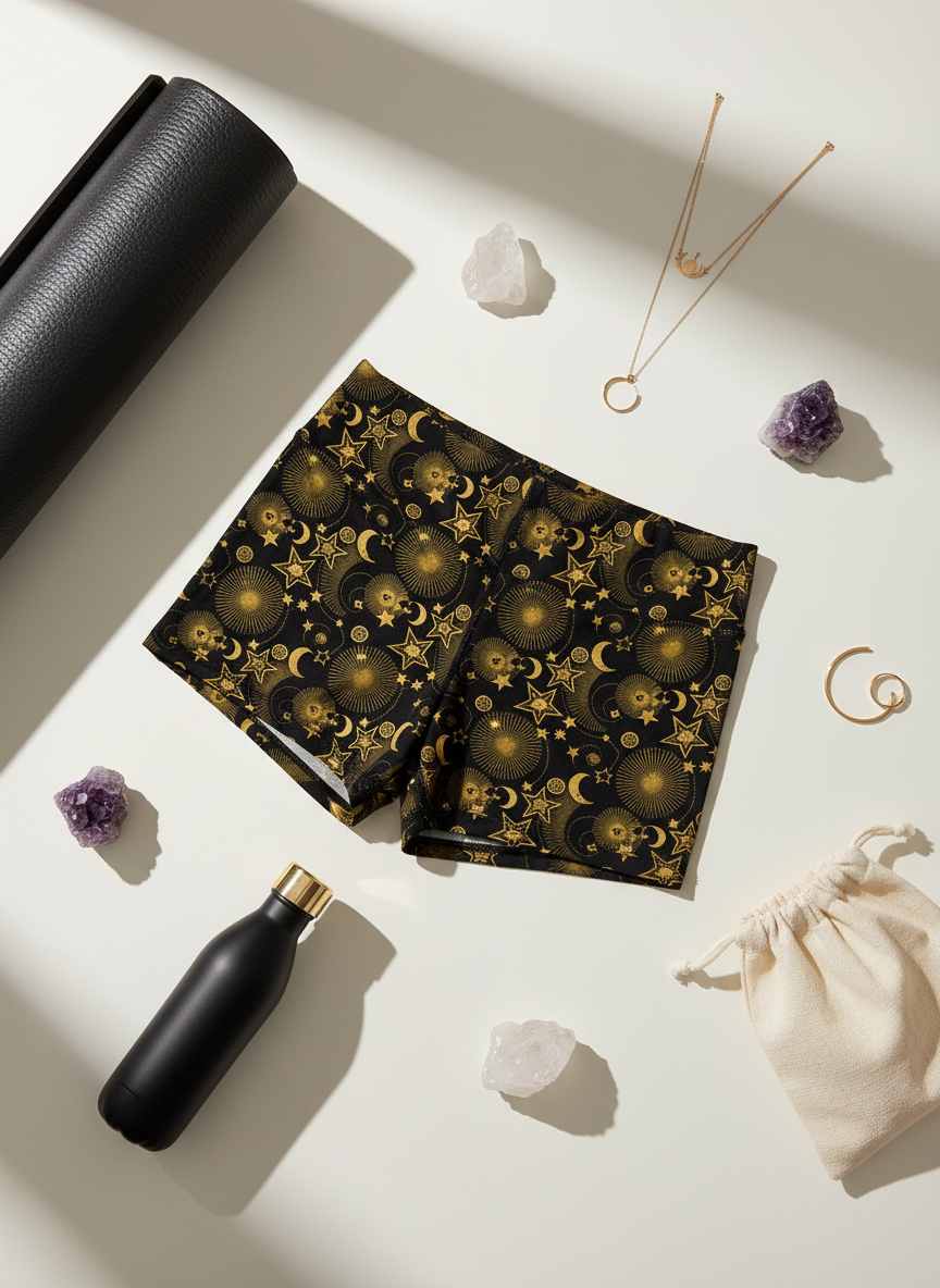 Black notebook with gold celestial pattern, black water bottle, crystal, and jewelry on a light surface