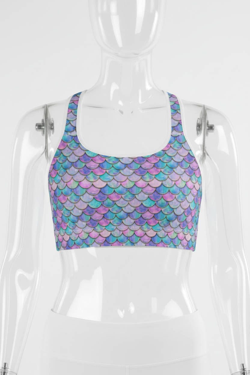 A mannequin wearing a sports bra with a colorful mermaid scale pattern in shades of purple, blue, and pink, paired with white bottoms.