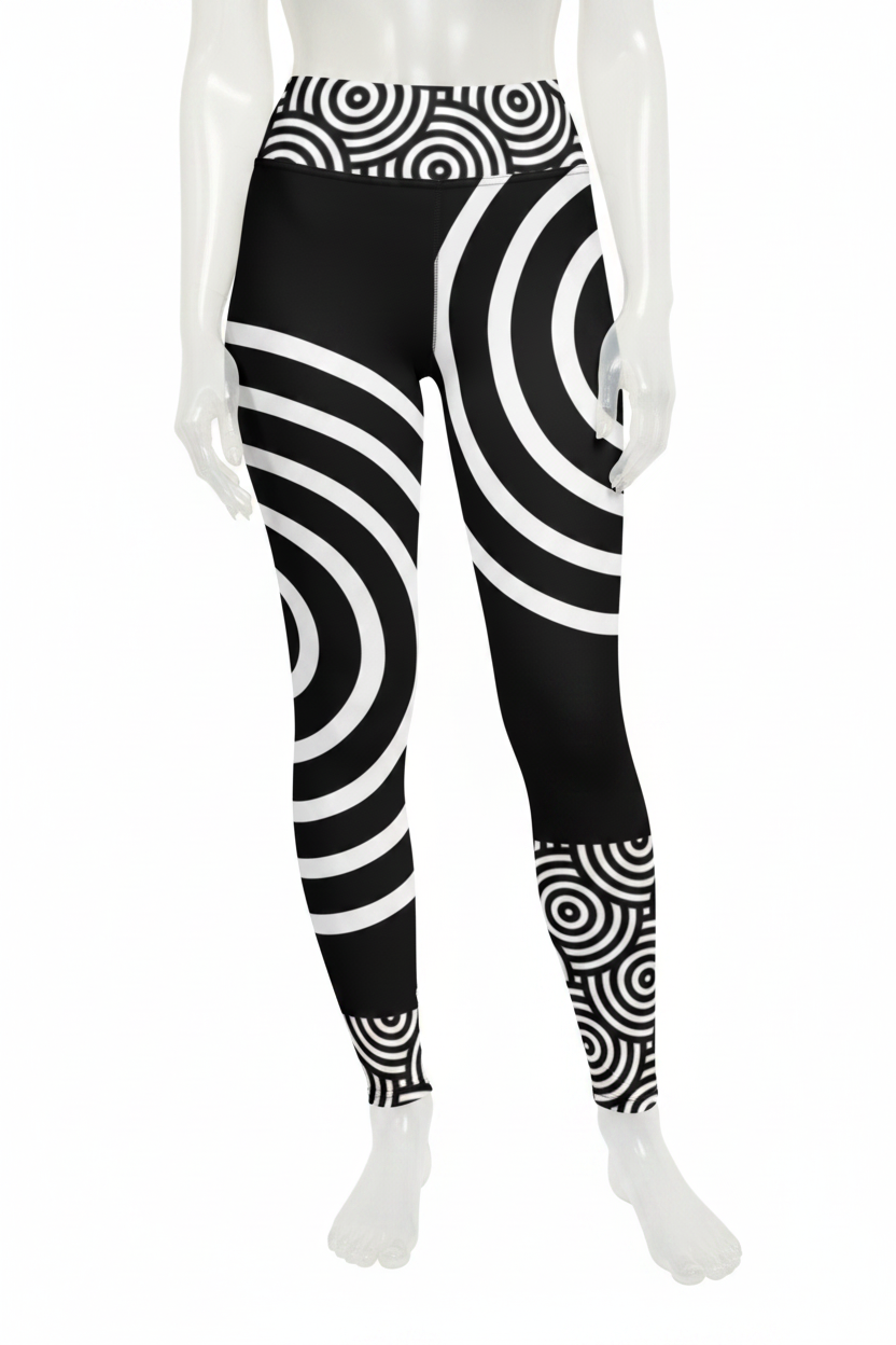 Black and white high-waisted leggings with an optical illusion spiral pattern, shown on a model against a white background.